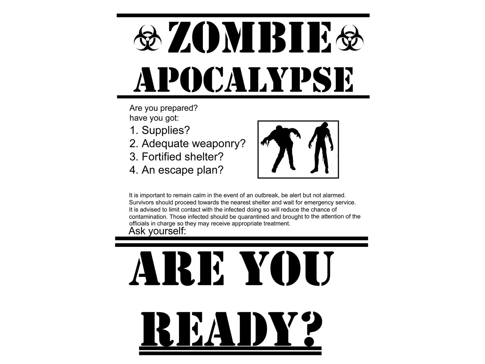 Dark zombie HD PC desktop wallpaper/background: bold ZOMBIE APOCALYPSE header, survival checklist, two zombie silhouettes and large ARE YOU READY? text.