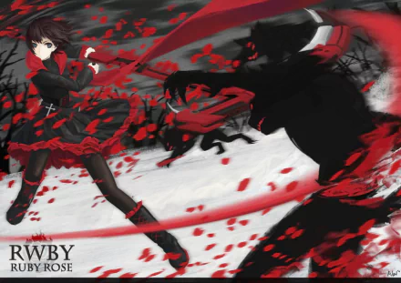 HD PC desktop wallpaper featuring Ruby Rose from RWBY in dynamic red anime style, confronting a dark beast amidst swirling red petals and shadows.