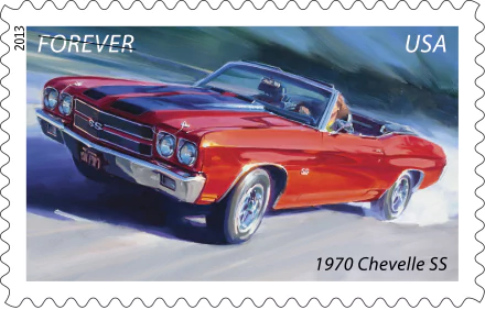 A dynamic illustration of a red 1970 Chevrolet Chevelle SS, showcasing its muscle car design as it speeds along, featuring details that celebrate its classic automotive heritage.