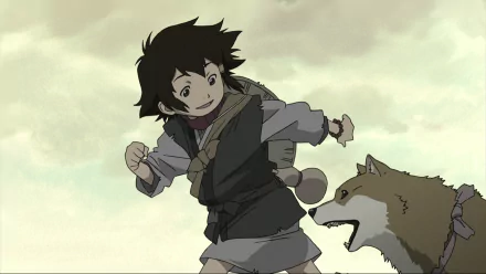 HD PC desktop wallpaper from the anime Sword of the Stranger, featuring a young boy and a dog in an action scene with a sword.