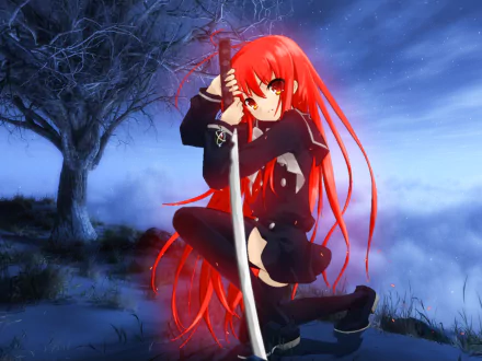 Shana from Shakugan No Shana poses with a katana, showcasing her long red hair and thigh-highs against a mystical night backdrop, creating a captivating anime scene.