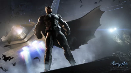 A striking HD wallpaper featuring Batman from the video game Batman: Arkham Origins, showcasing him in a dramatic pose with bats flying around him against a moody backdrop.
