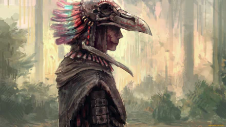 HD fantasy warrior wallpaper depicting a figure in detailed tribal armor and a bird skull helmet, set against a misty forest background.