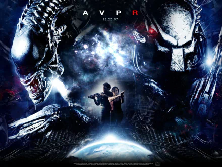 A captivating HD wallpaper featuring iconic characters from Aliens vs. Predator: Requiem, showcasing the tension between aliens and predators against a cosmic backdrop.