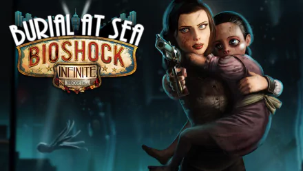 BioShock Infinite: Burial at Sea video game HD PC wallpaper — Elizabeth cradles a Little Sister and aims a pistol, logo at left against a dark, underwater city.