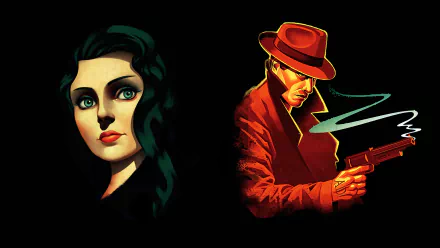 Stylized portrait of Elizabeth and a trench-coated gunman from the video game BioShock Infinite: Burial at Sea, rendered as a 2K Quad HD PC desktop wallpaper/background.