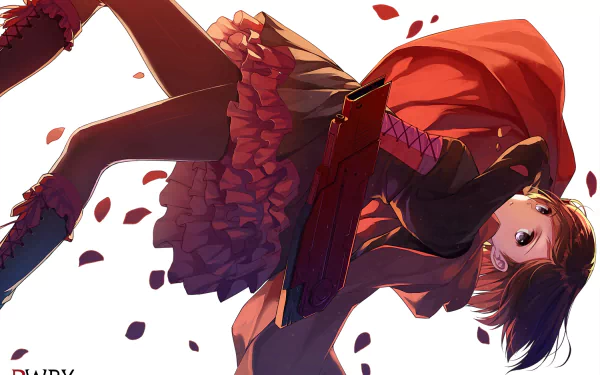HD wallpaper featuring Ruby Rose from RWBY in a dynamic pose, surrounded by petals, showcasing her signature red cloak and weapon. A vibrant anime background for fans.