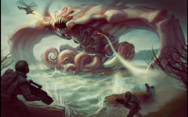 A dramatic fantasy scene featuring a colossal kraken rising from turbulent waters, with armed soldiers and a helicopter amidst the chaos, capturing an epic battle. HD PC desktop wallpaper.