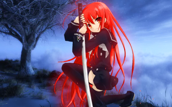 Shana from Shakugan No Shana poses with a katana, showcasing her long red hair and thigh-highs against a mystical night backdrop, creating a captivating anime scene.