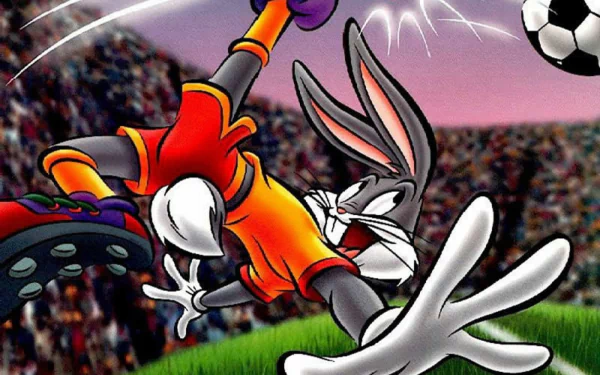 HD PC desktop wallpaper featuring Bugs Bunny from Looney Tunes playing soccer in a vibrant TV show-inspired stadium scene.