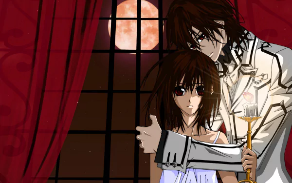 Anime-inspired HD wallpaper featuring characters from Vampire Knight, set against a moonlit backdrop with red curtains, evoking a mysterious and romantic atmosphere.