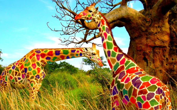 Colorful giraffes roam in a vibrant landscape, surrounded by tall grass and a majestic tree. This stunning image serves as an HD PC desktop wallpaper and background.