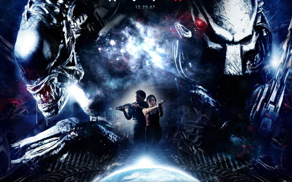 A captivating HD wallpaper featuring iconic characters from Aliens vs. Predator: Requiem, showcasing the tension between aliens and predators against a cosmic backdrop.