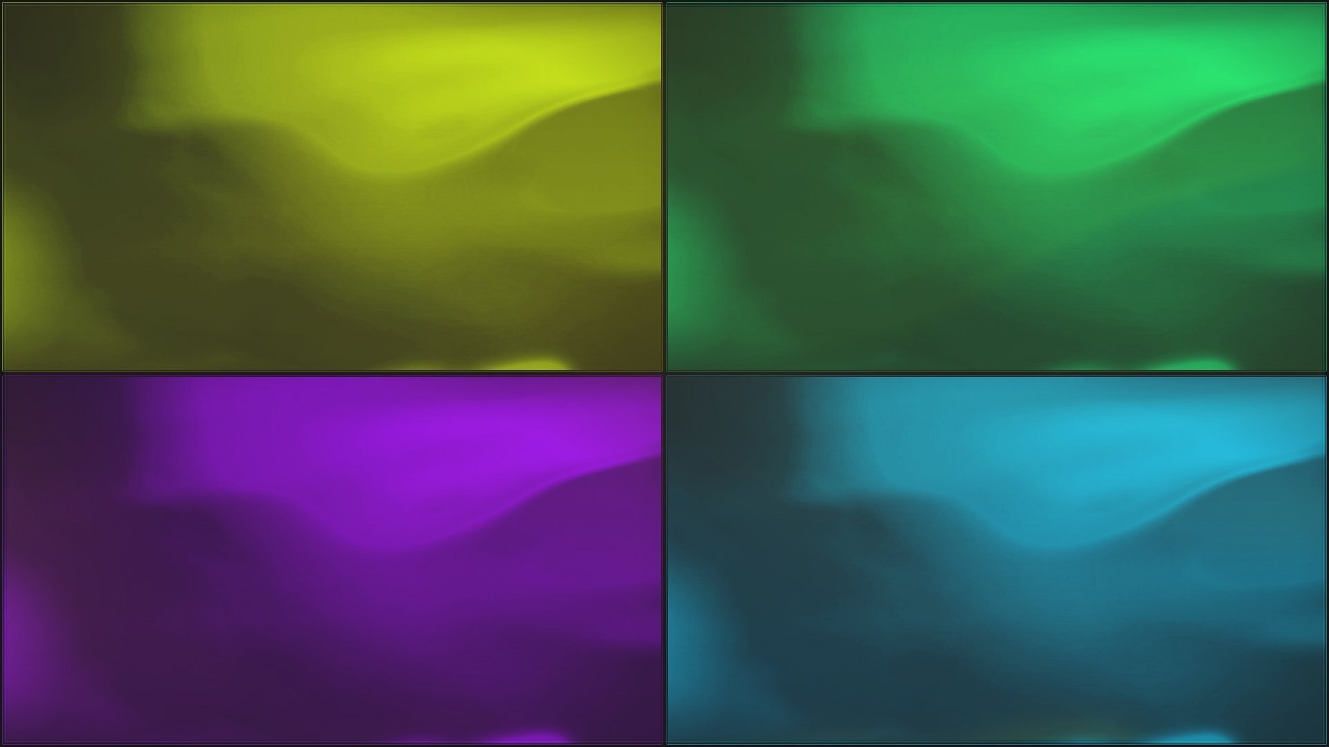 Abstract HD PC desktop wallpaper featuring four square panels in green, purple, and blue hues with smooth, flowing color gradients.
