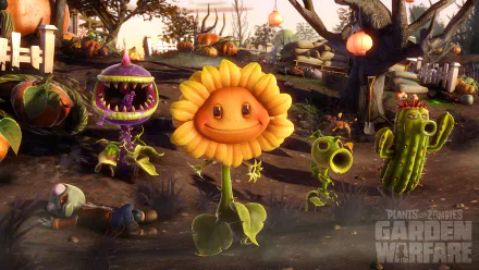 HD desktop wallpaper featuring Sunflower, Cactus, Chomper, and Peashooter from the video game Plants vs. Zombies: Garden Warfare.