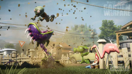 A vibrant HD wallpaper from Plants vs. Zombies: Garden Warfare featuring a Browncoat Zombie being attacked by a Chomper and a vigilant Peashooter amidst a lively suburban battleground.