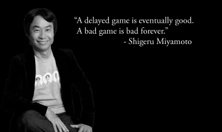HD desktop wallpaper featuring Shigeru Miyamoto with his quote on game development.
