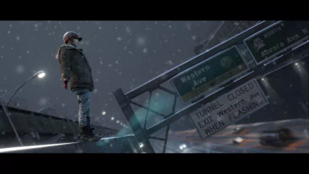 HD PC desktop wallpaper featuring a moody scene from the video game Beyond: Two Souls, showing a character standing on the edge of a snowy urban overpass at night.