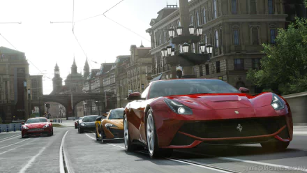 Forza Motorsport 5 video game HD PC desktop wallpaper: a red Ferrari leads a pack of sports cars racing down tram-lined city streets past ornate historic buildings.
