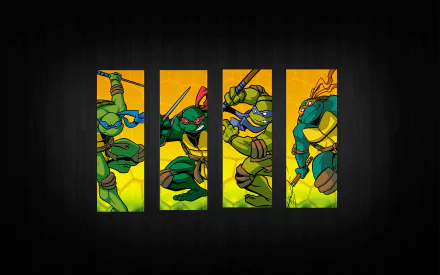 HD wallpaper featuring Michelangelo, Donatello, Raphael, and Leonardo from the 2003 TV show Teenage Mutant Ninja Turtles, showcasing their dynamic poses against a vibrant background.