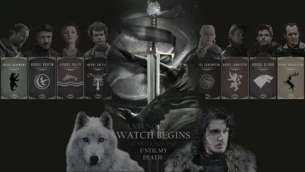 A striking HD wallpaper featuring Jon Snow, Stannis Baratheon, Robb Stark, Jaime Lannister, Daenerys Targaryen, and others from *Game of Thrones*, showcasing their house sigils and a commanding sword.