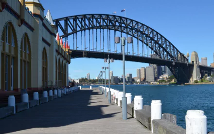 A clear, HD view of a walkway along Sydney Harbour with the iconic Sydney Harbour Bridge in the background, showcasing man-made structures in Australia.