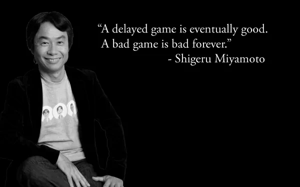 HD desktop wallpaper featuring Shigeru Miyamoto with his quote on game development.