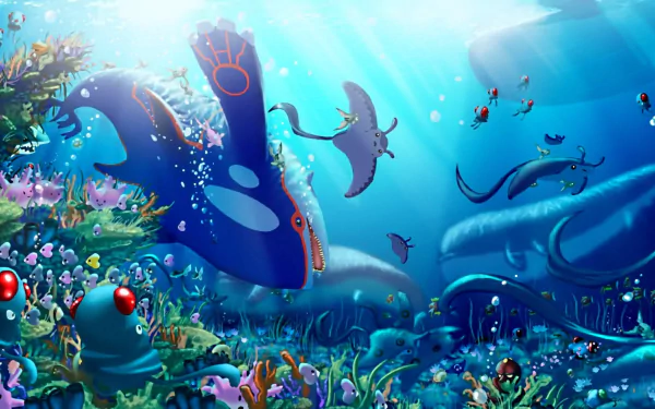 HD desktop wallpaper featuring an underwater scene with vibrant Anime-style Pokémon swimming amidst colorful corals and marine life.