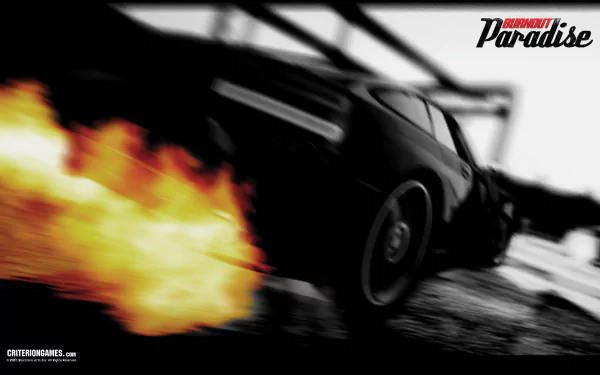 HD PC desktop wallpaper from the video game Burnout Paradise: a black sports car skids with flames bursting from its rear, blurred motion and the game logo in the corner.