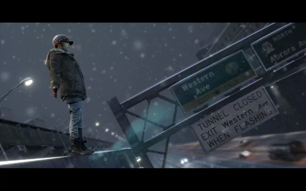 HD PC desktop wallpaper featuring a moody scene from the video game Beyond: Two Souls, showing a character standing on the edge of a snowy urban overpass at night.