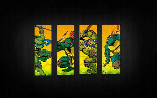 HD wallpaper featuring Michelangelo, Donatello, Raphael, and Leonardo from the 2003 TV show Teenage Mutant Ninja Turtles, showcasing their dynamic poses against a vibrant background.