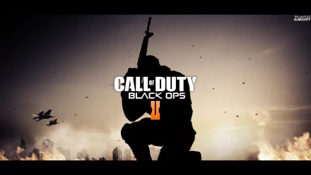 A striking HD wallpaper featuring a silhouetted soldier from Call of Duty: Black Ops II, set against a dramatic, fiery background that embodies the intensity of the game.
