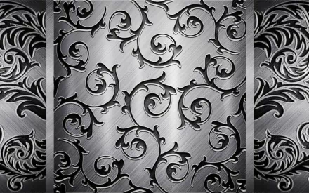 Abstract metal HD PC desktop wallpaper and background: brushed steel panels with ornate swirling scrollwork pattern.