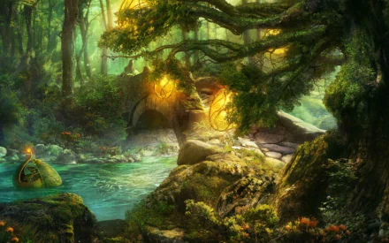 A vibrant fantasy landscape featuring a serene river, lush greenery, and glowing orbs. This enchanting scene serves as a stunning HD desktop wallpaper and background.