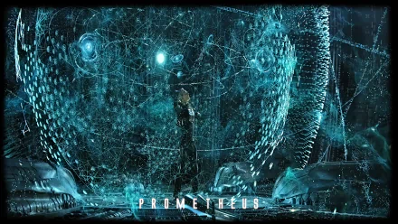 HD PC desktop wallpaper from the movie Prometheus featuring a character inside a futuristic, glowing sphere with intricate blue patterns and alien technology.