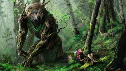 HD desktop wallpaper depicting a fantasy scene in a forest with a giant wolf-like creature and a small deer observing a human figure amidst lush greenery.