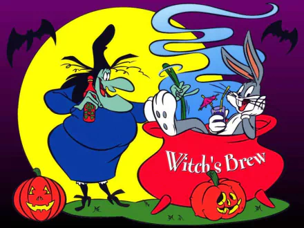 Bugs Bunny relaxes in a cauldron with a witch against a full moon backdrop, surrounded by pumpkins, capturing the playful spirit of Looney Tunes in this HD desktop wallpaper.