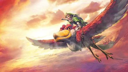 HD PC desktop wallpaper featuring Link riding a large bird through a vibrant sky, from the video game The Legend of Zelda: Skyward Sword.