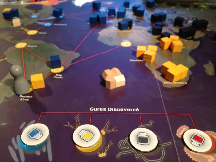 HD desktop wallpaper of a Pandemic board game in progress, highlighting gameplay elements and cures discovered section.