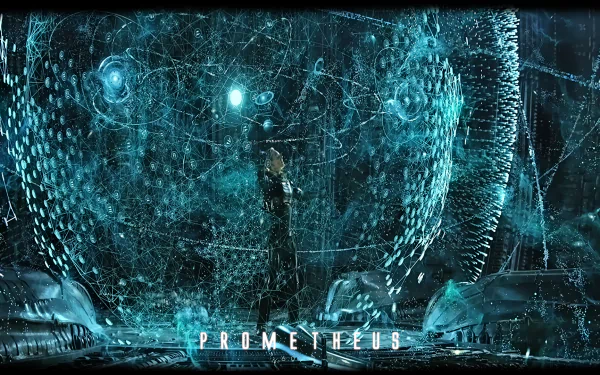 HD PC desktop wallpaper from the movie Prometheus featuring a character inside a futuristic, glowing sphere with intricate blue patterns and alien technology.