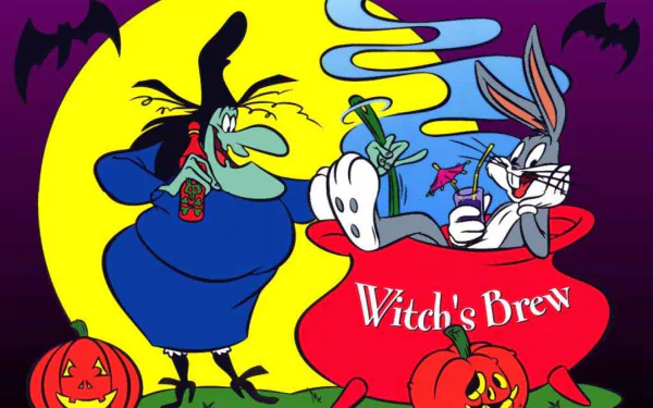 Bugs Bunny relaxes in a cauldron with a witch against a full moon backdrop, surrounded by pumpkins, capturing the playful spirit of Looney Tunes in this HD desktop wallpaper.