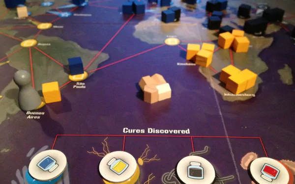 HD desktop wallpaper of a Pandemic board game in progress, highlighting gameplay elements and cures discovered section.
