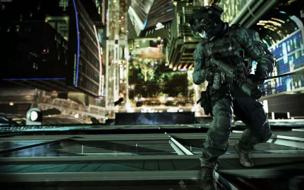 A soldier in tactical gear stands on a futuristic building's edge, overlooking a vibrant cityscape in this HD wallpaper from Call of Duty: Ghosts.