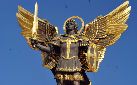 HD PC desktop wallpaper featuring a detailed man-made statue of a winged warrior holding a sword and shield against a clear blue sky.