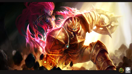 HD PC desktop wallpaper for Heroes of Newerth showing a golden-armored hero charging through flames with a pink-haired spectral ally swirling behind him.