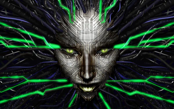 HD PC desktop wallpaper featuring a futuristic, robotic face with glowing green circuitry, inspired by the video game System Shock.