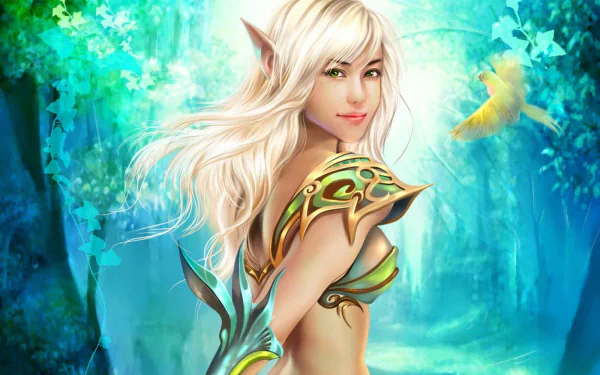 HD desktop wallpaper featuring a fantasy elf with blonde hair and pointy ears, set against a vibrant forest background with a fluttering yellow bird.