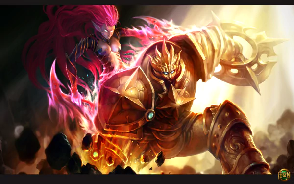 HD PC desktop wallpaper for Heroes of Newerth showing a golden-armored hero charging through flames with a pink-haired spectral ally swirling behind him.