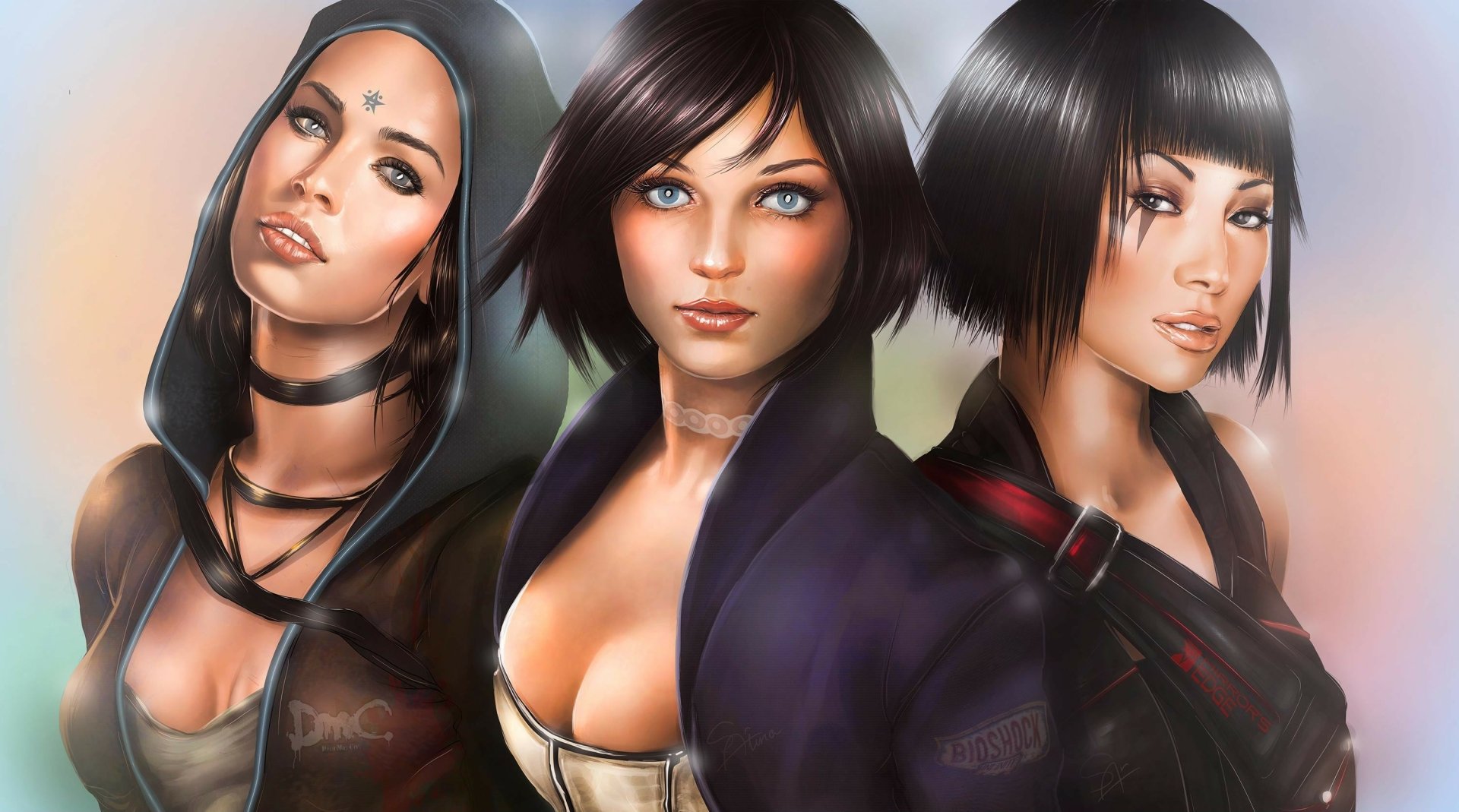 Video game collage 2K Quad HD PC desktop wallpaper showing three stylized female characters in close-up with varied hairstyles, outfits, and confident expressions.