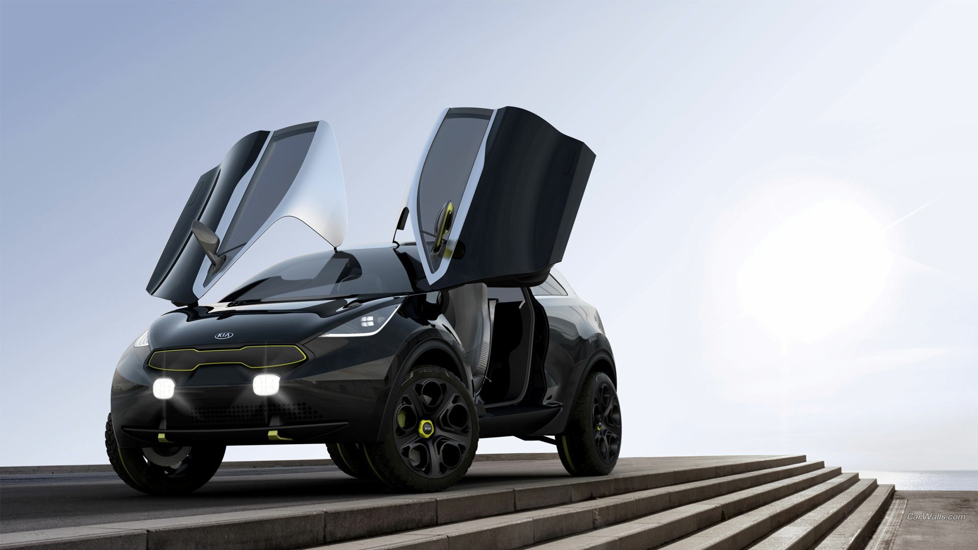 HD PC desktop wallpaper featuring the 2013 Kia Niro Concept vehicle with futuristic design and upward-opening doors set against a bright, minimalist background.